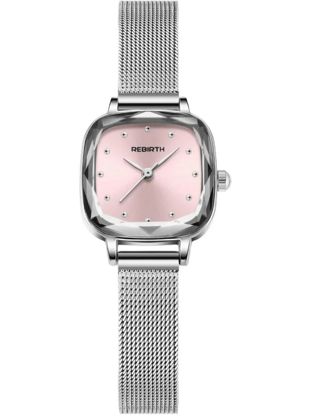 Women's Silver Pink Square Minimalist Dial Mesh Band Crystal Case Wrist Watch